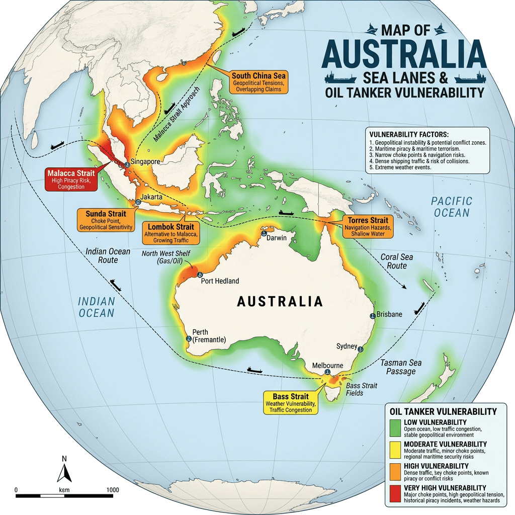 Map of sea lanes around Australia showing oil tanker vulnerability from low to very high and key straits with risks