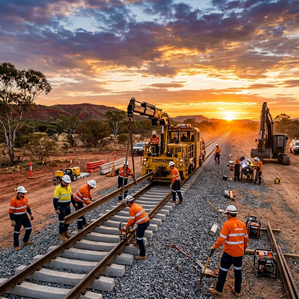 Workers installing railway tracks with machinery and tools at sunset